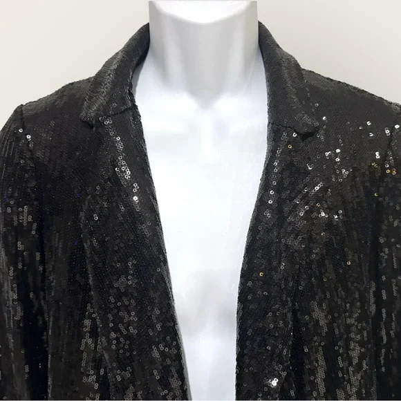 Carmen Marc‎ Valvo Womens Jacket open Black Sequin Lined Drape Collar L - Picture 3 of 11